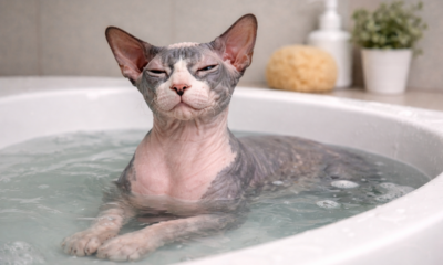 Esse gatinho sem pelo precisa ser “subornado” para sair do banho