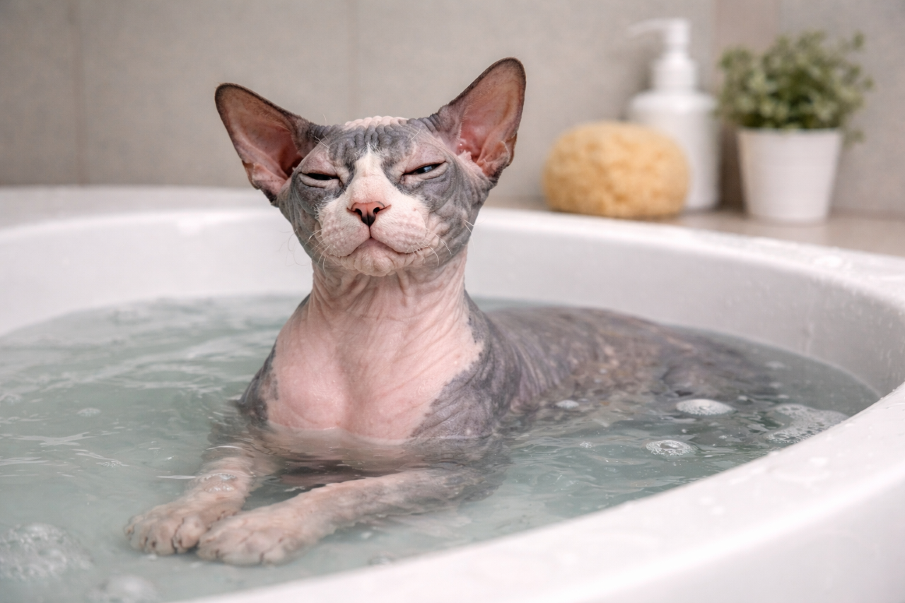 Esse gatinho sem pelo precisa ser “subornado” para sair do banho