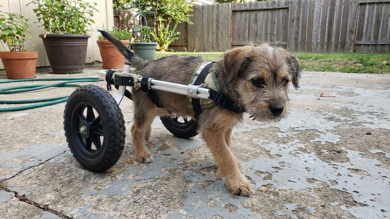 Pai constrói carrinho personalizado para seu filhote que não tem as patas dianteiras
