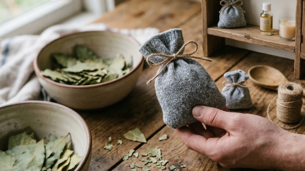 Com algumas folhas de louro e uma meia velha, você prepara um aromatizador caseiro que perfuma toda sua casa