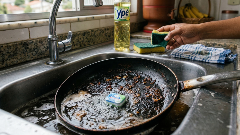 Esse truque simples auxilia a desgrudar aquela sujeira grudada da frigideira