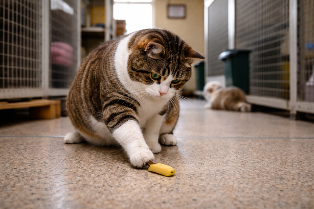 Gatinha barrigudinha de abrigo surpreende com estratégia inusitada