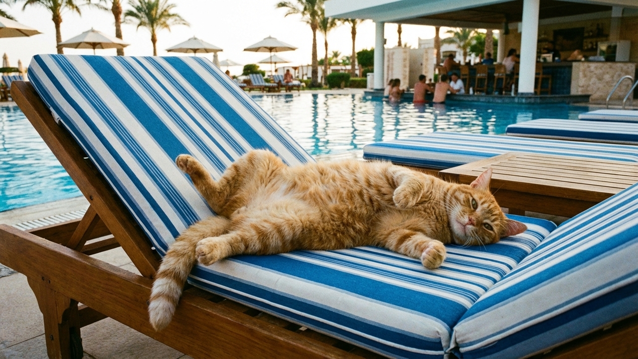 Um gato tomou conta da cadeira de piscina e ninguém imaginava o desfecho