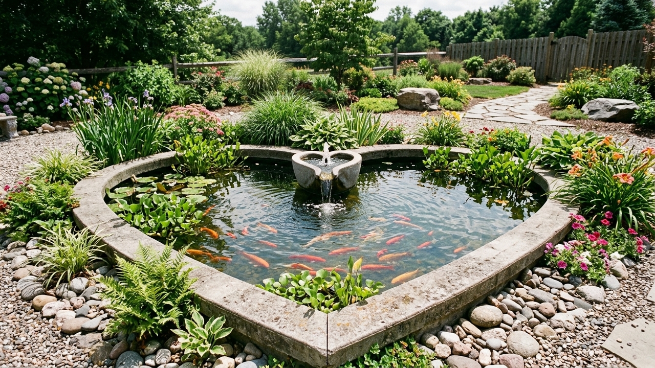 Um lago artesanal em formato de coração que deixa qualquer área externa muito mais charmosa