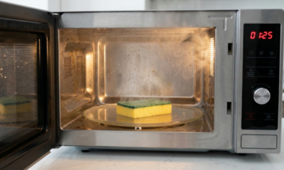 Uma esponja úmida em seu micro-ondas ajuda a retirar toda aquela sujeira grudada