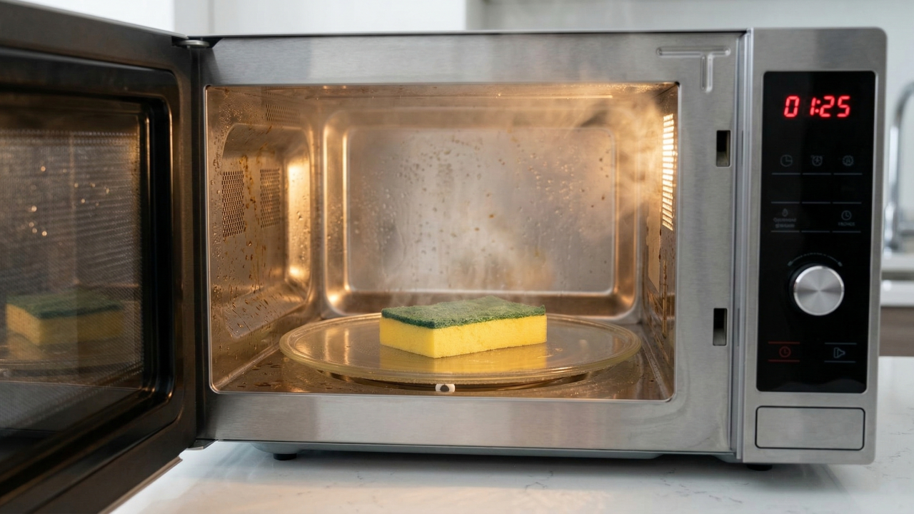 Uma esponja úmida em seu micro-ondas ajuda a retirar toda aquela sujeira grudada