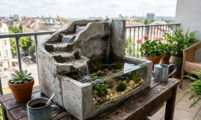 Um mini aquário de cimento com efeito de cachoeira infinita que deixa tudo mais charmoso