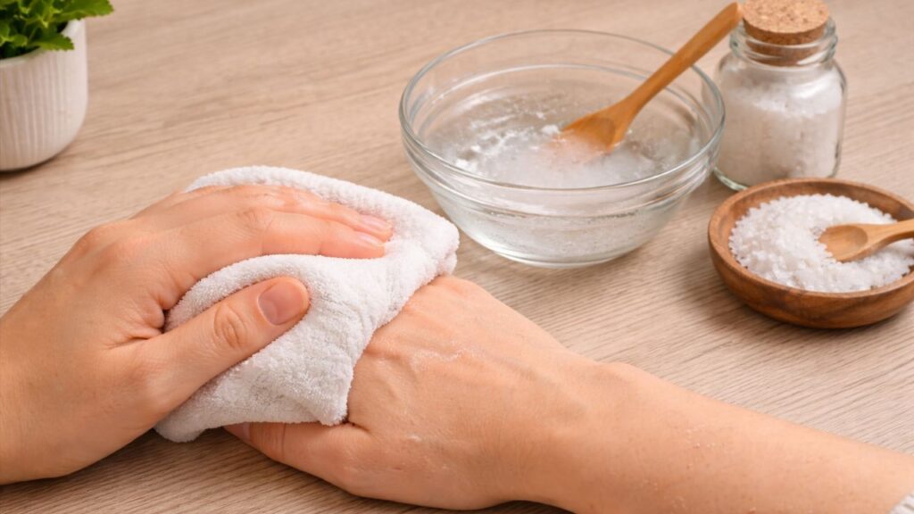 Como preparar uma compressa de água morna e sal para aliviar rigidez nas mãos de idosos