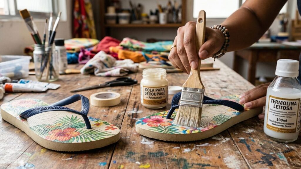 Aprenda como fazer decoupage em chinelo com acabamento profissional e alta durabilidade
