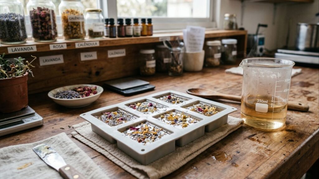 O truque que eu uso para fazer sabão artesanal de flores secas com camadas lindas e profissionais