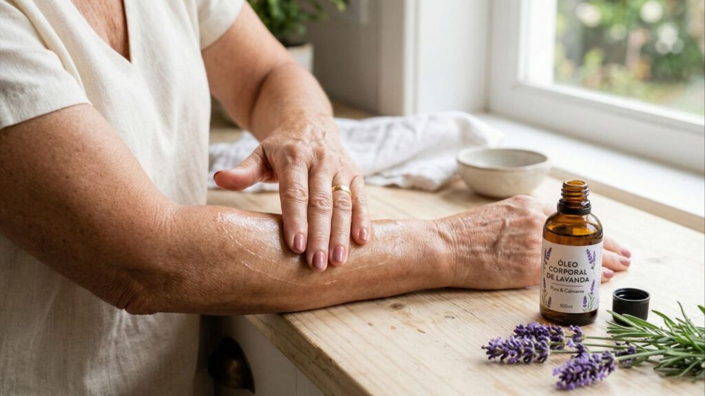 Óleo corporal caseiro com lavanda para idosos que buscam hidratação e relaxamento