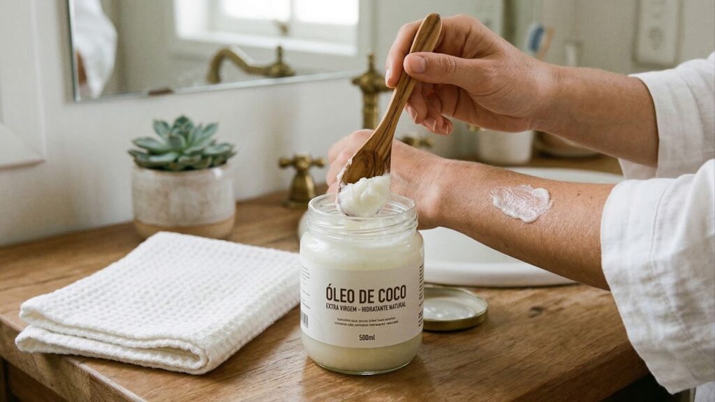 Receita de óleo corporal caseiro com óleo de coco para hidratar a pele madura após o banho
