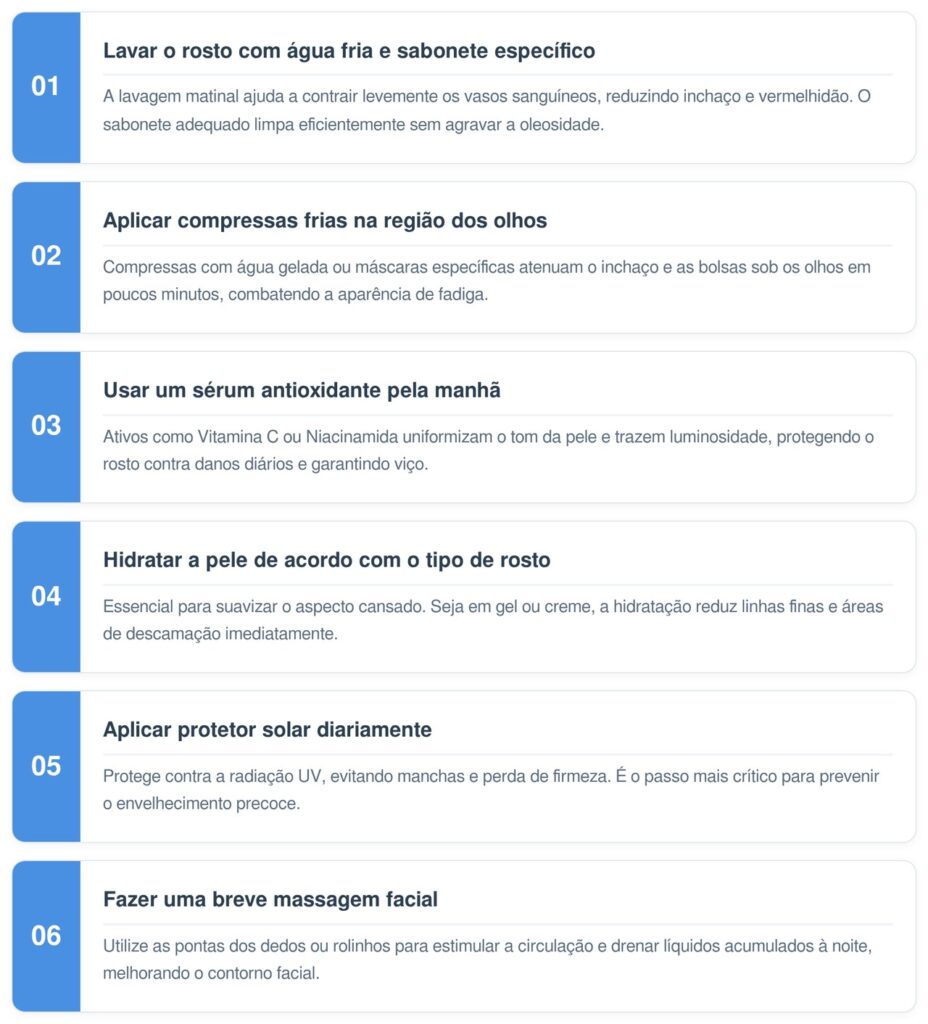 6 cuidados simples com o rosto pela manhã que ajudam a reduzir aparência de cansaço