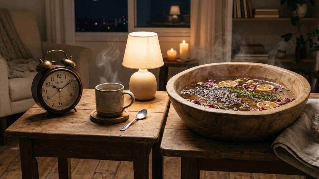 Ritual de autocuidado com chá e escalda-pés para idosos que querem terminar o dia com mais tranquilidade