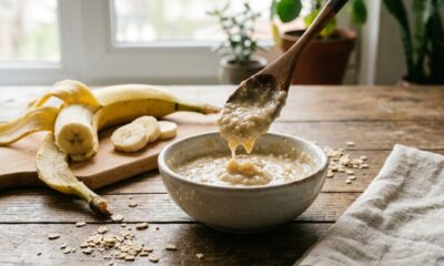 Máscara rápida de banana madura e aveia para aplicar enquanto prepara o café da manhã