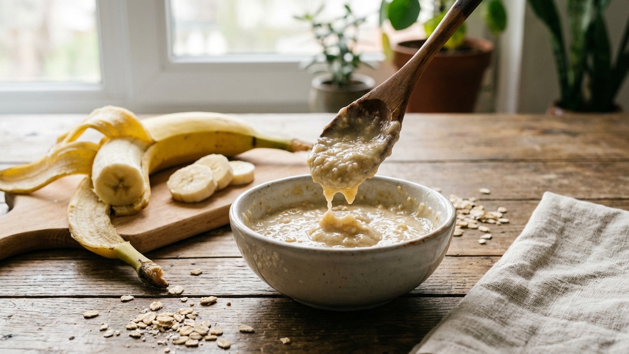 Máscara rápida de banana madura e aveia para aplicar enquanto prepara o café da manhã