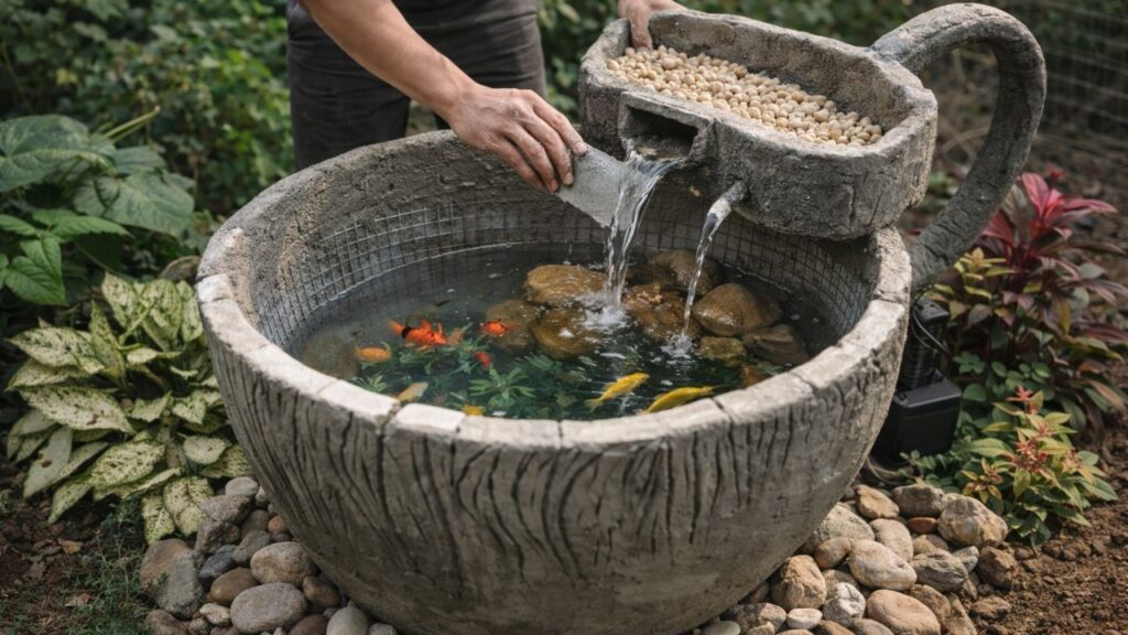 Ele não comprou uma fonte decorativa construiu uma xícara gigante com efeito cascata