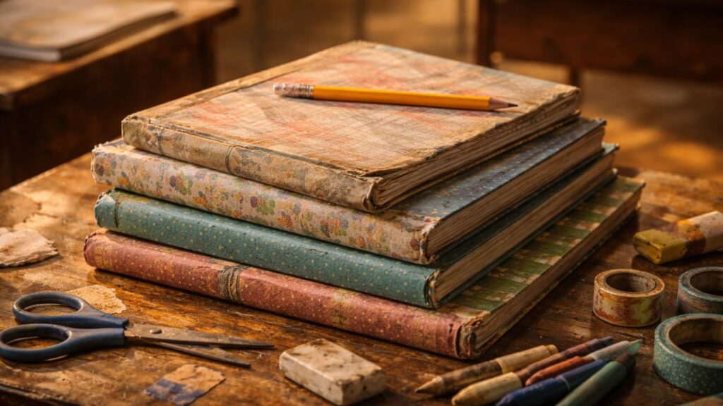 Materiais escolares da escola antiga que eram usados até o fim e marcavam a infância