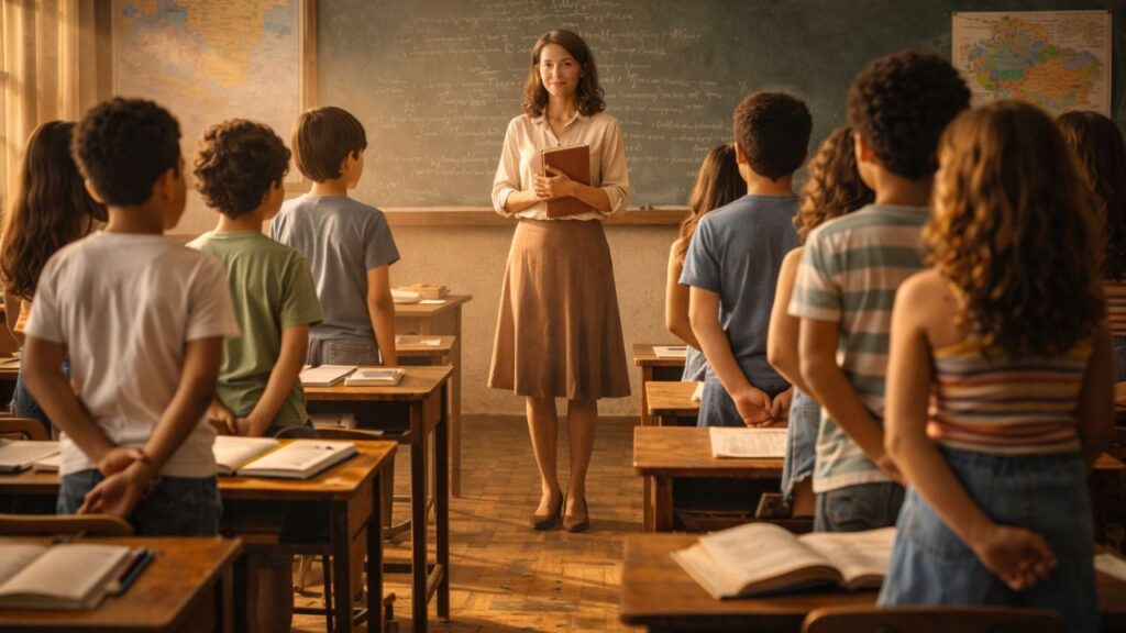 Situações da escola antiga que hoje seriam raras, como o respeito total ao professor