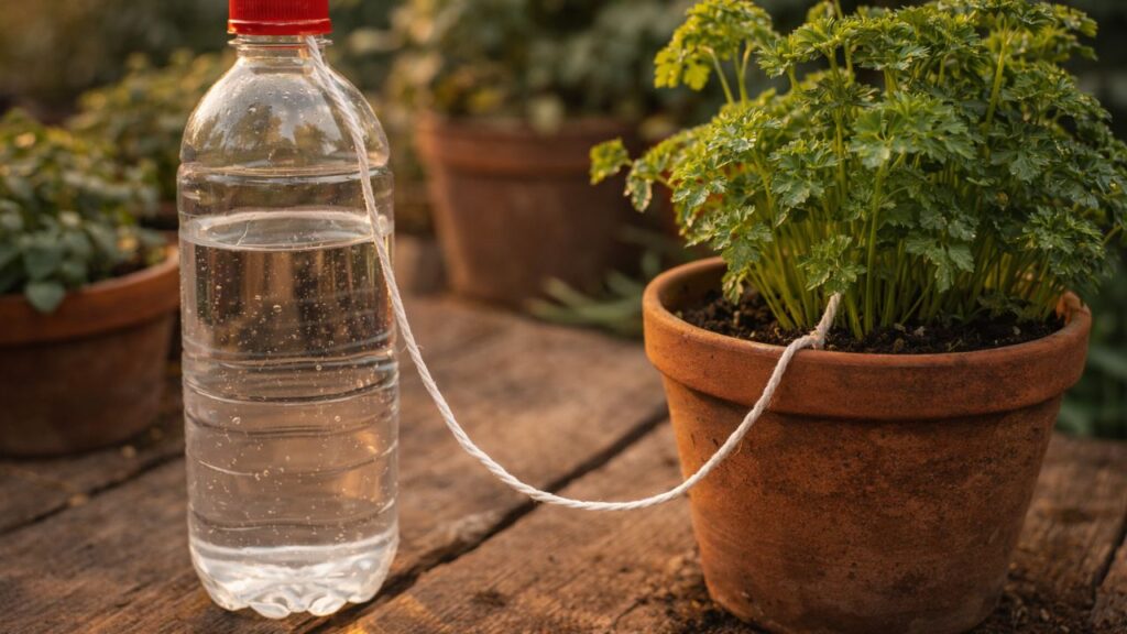 Coloque um barbante em uma garrafa com água e regue plantas lentamente