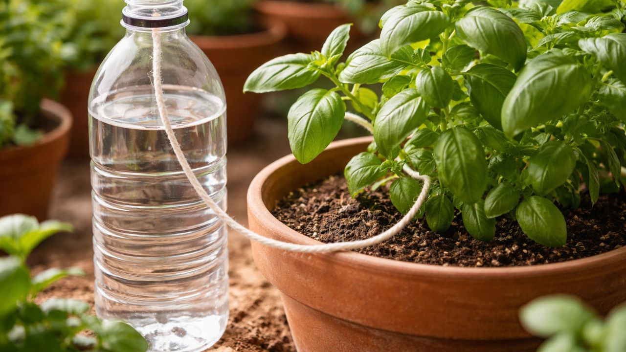 Coloque um barbante em uma garrafa com água e regue plantas lentamente