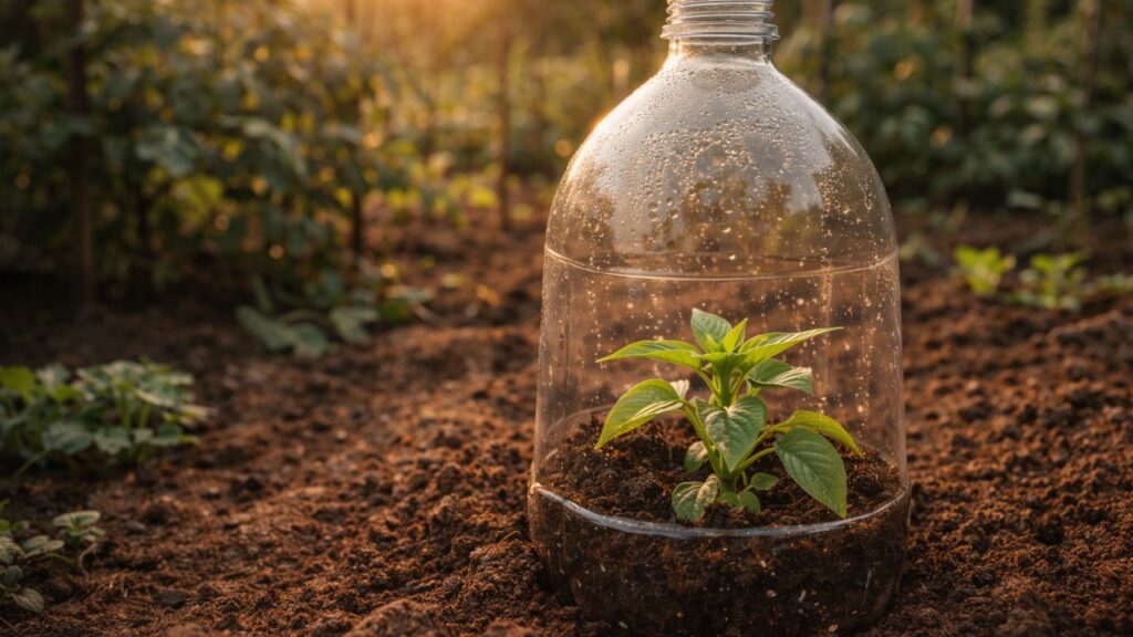 Corte uma garrafa PET e crie uma mini estufa para proteger mudas no jardim