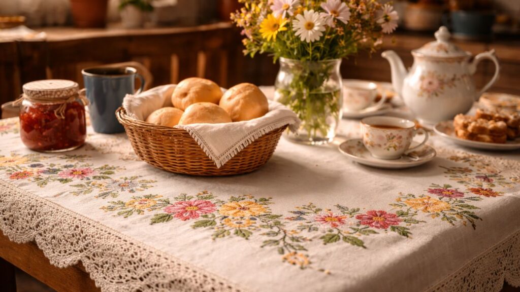Coisas comuns que traziam sensação de lar e faziam a toalha bordada à mão ser inesquecível