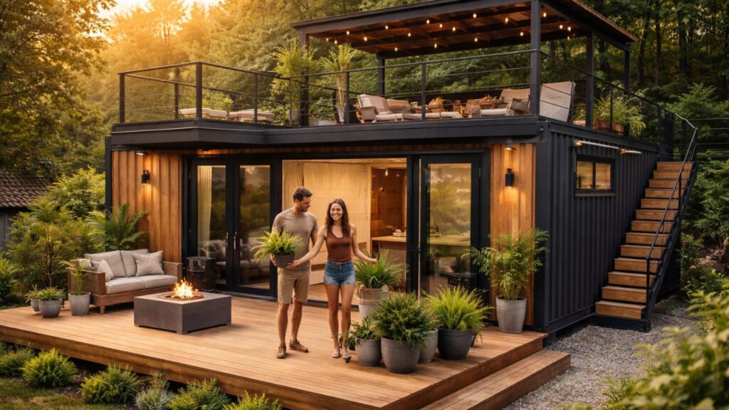 Casal jovem transforma um contêiner em uma mini casa de luxo com terraço e surpreende no resultado