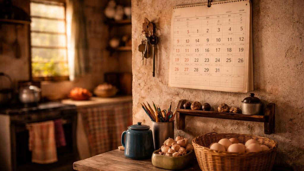 Objetos que ficavam sempre à vista e faziam o calendário na parede marcar a rotina da casa