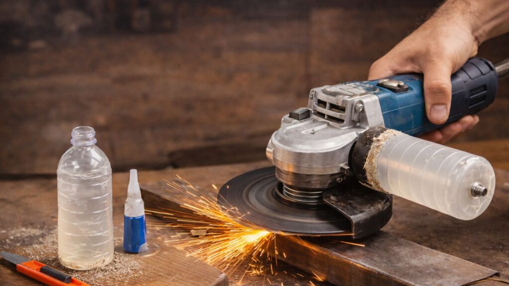 Essa garrafa plástica com cola quente pode render um apoio lateral improvisado na oficina