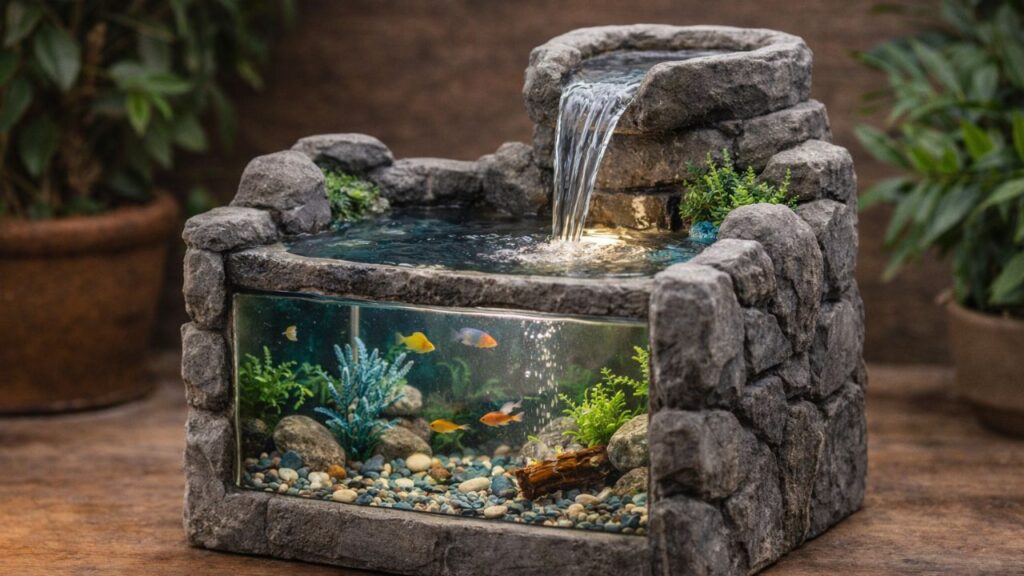 Um mini aquário de cimento com efeito de cachoeira infinita que deixa tudo mais charmoso