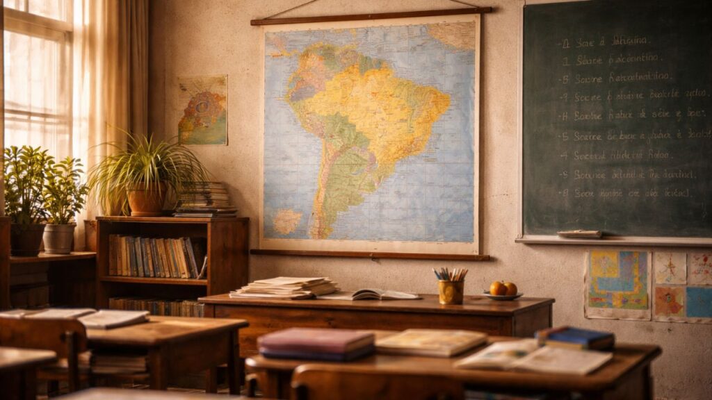 O mapa pendurado na parede era presença certa e fazia parte da rotina escolar antiga