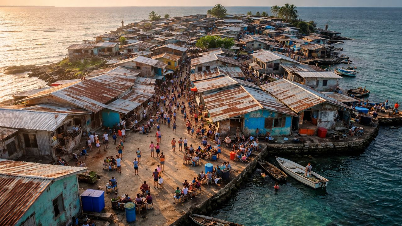 Uma ilha minúscula abriga centenas de pessoas e desafia qualquer ideia de espaço