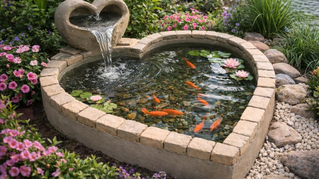 Um lago artesanal em formato de coração que deixa qualquer área externa muito mais charmosa