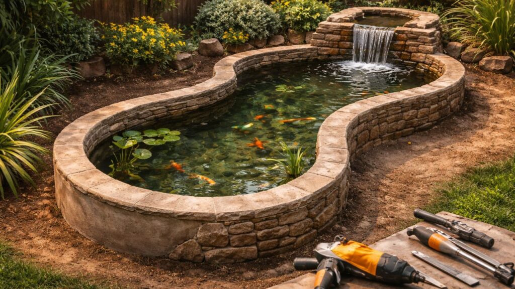 Esse projeto com aquário curvo deixa o jardim mais bonito e cheio de vida