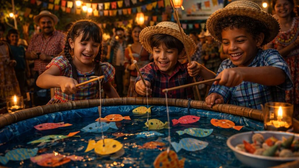 A brincadeira de pescaria era das mais esperadas e juntava crianças a festa inteira