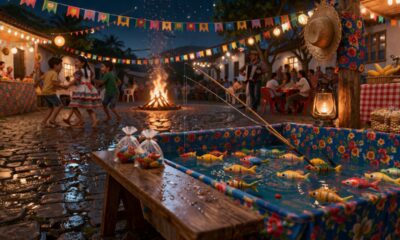 A brincadeira de pescaria era das mais esperadas e juntava crianças a festa inteira