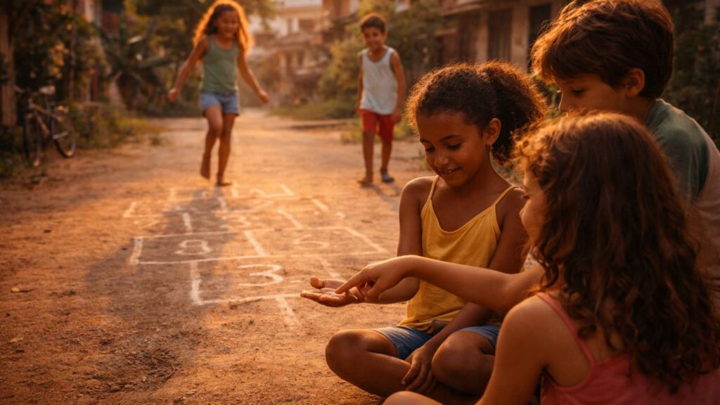 Amarelinha e passa anel eram brincadeiras simples que ensinavam a esperar e dividir