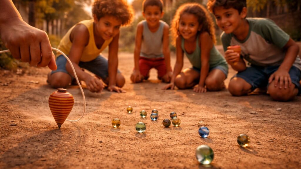 Pião e bolinha de gude eram jogos simples que prendiam a atenção a tarde inteira