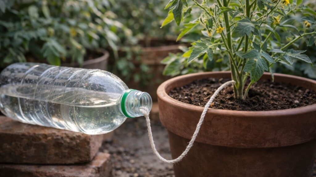 Uma garrafa PET e um barbante podem criar um sistema simples de irrigação