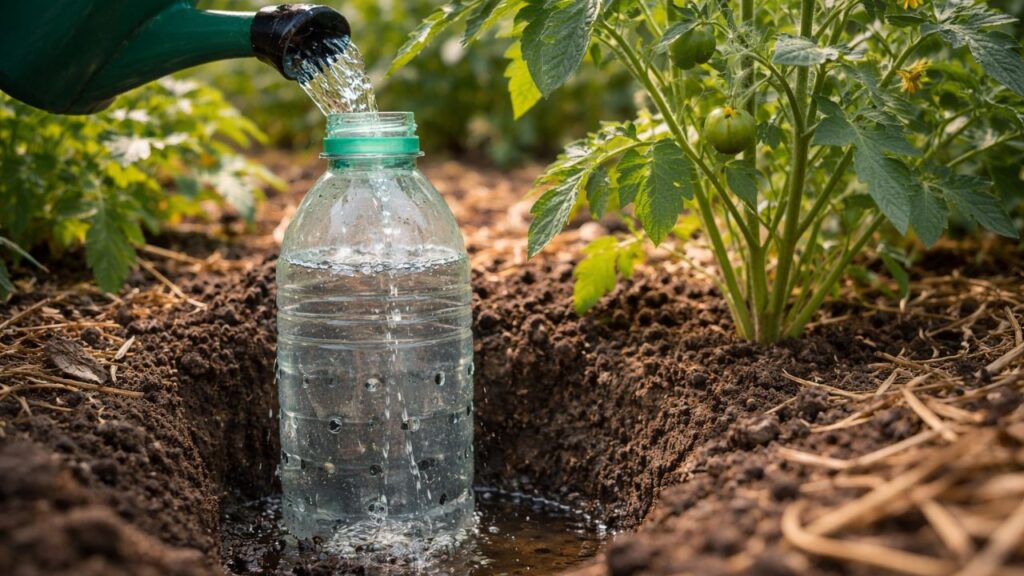 Enterre uma garrafa plástica ao lado da planta e resolva um problema comum no jardim