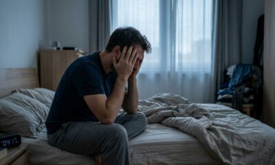 Homem pálido com as mãos no rosto sentado na cama, relógio digital marca 04:17.