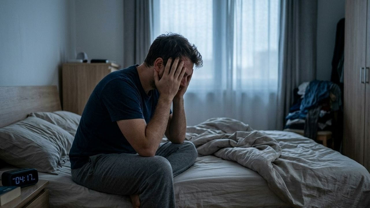 Homem pálido com as mãos no rosto sentado na cama, relógio digital marca 04:17.