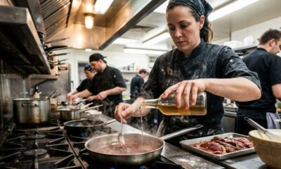 Chef derrama líquido em panela no fogão; carne crua e outros cozinheiros ao fundo.