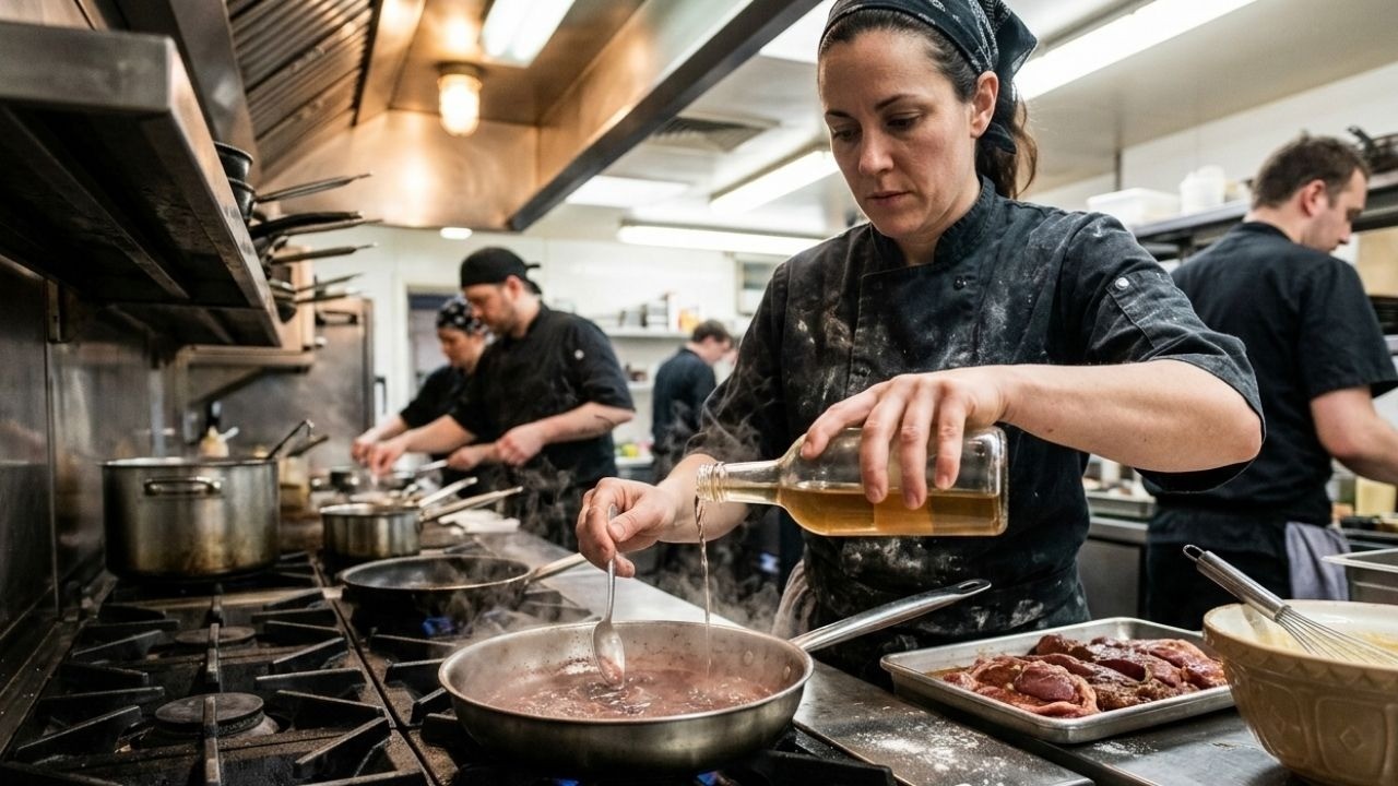 Chef derrama líquido em panela no fogão; carne crua e outros cozinheiros ao fundo.