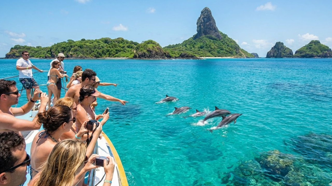 As 21 ilhas vulcânicas brasileiras no arquipélago onde golfinhos aparecem em 95% dos dias do ano