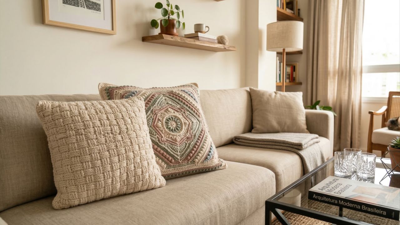 Aposte nas almofadas de crochê que encantam para renovar a sua decoração e trazer um toque artesanal único ao lar