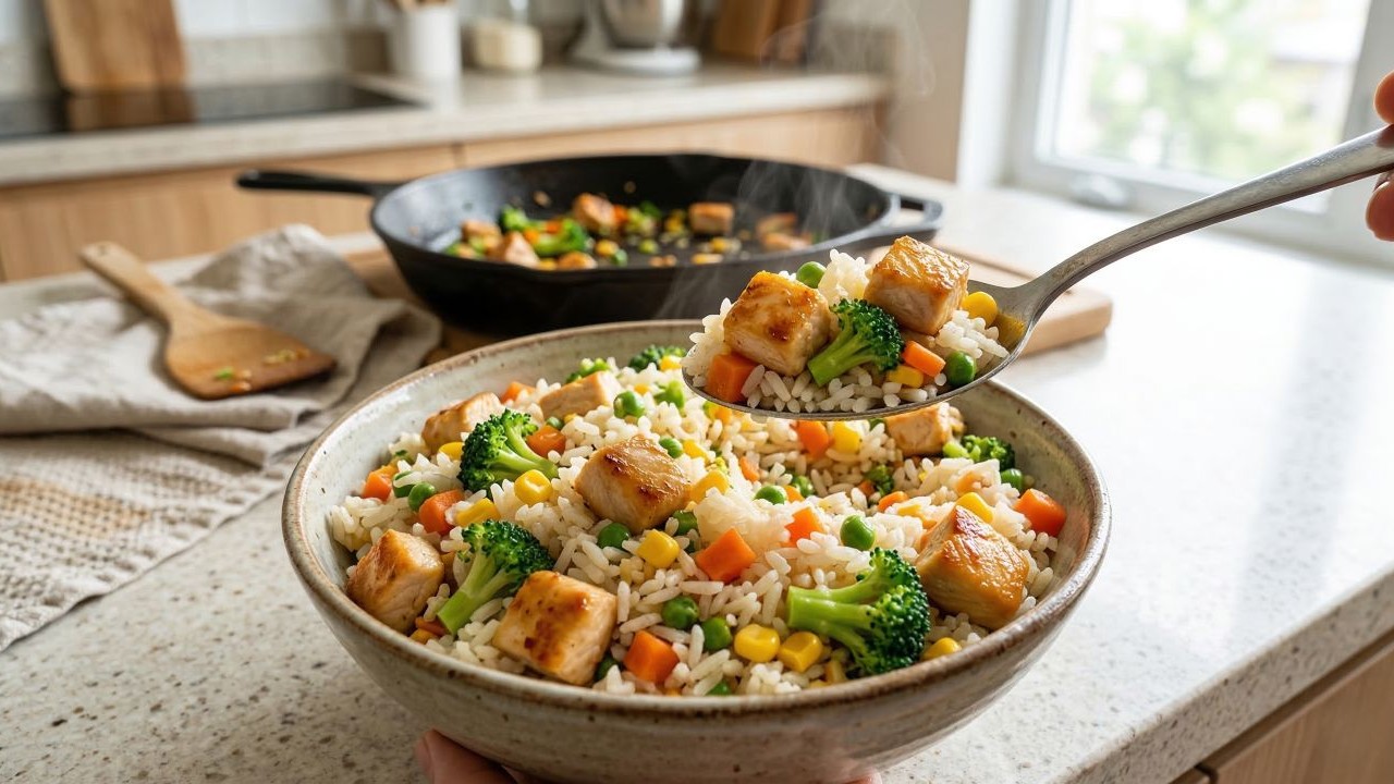 Misture arroz, frango e legumes na ordem certa e tenha um prato completo feito em poucos minutos em uma única panela