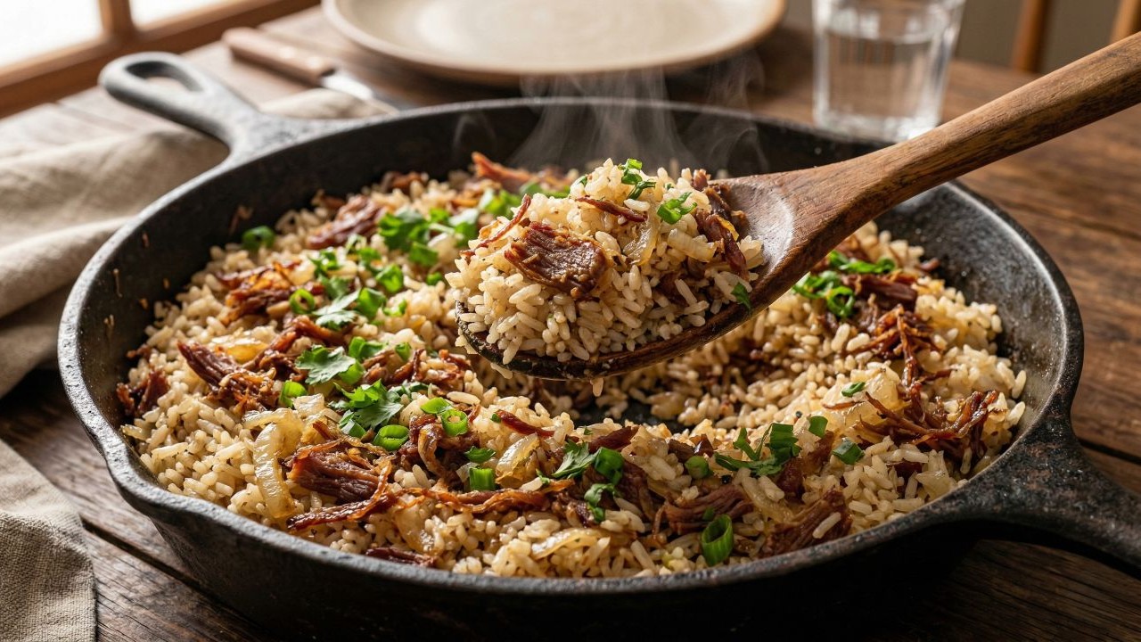 Monte arroz, carne seca e cebola na sequência correta e tenha um arroz carreteiro perfeito em uma única panela