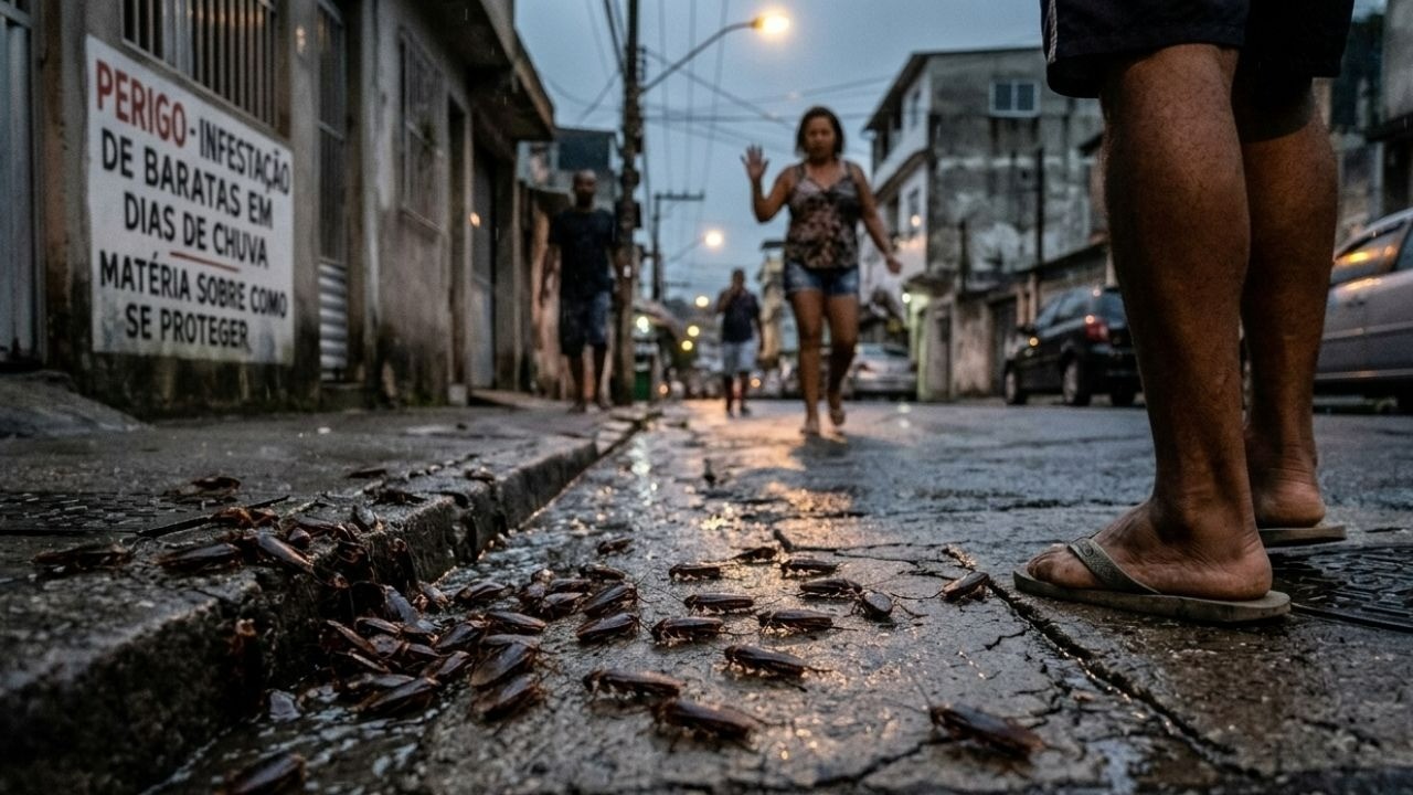 Baratas em rua molhada. Pessoa com chinelos. Placa: 'INFESTAÇÃO DE BARATAS EM DIAS DE CHUVA'.